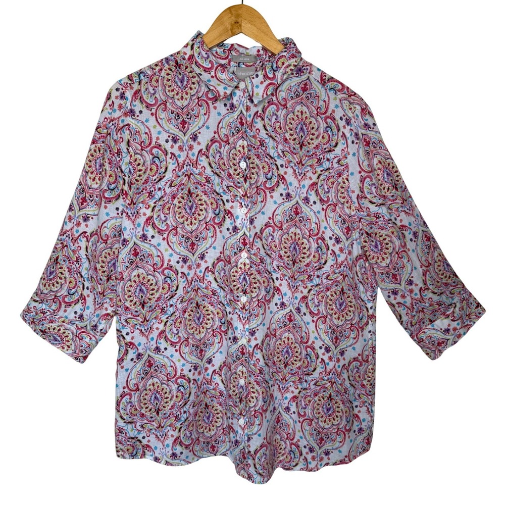 Chicos No Iron Linen Paisley Shirt Large 3/4 Sleeve Blouse Coastal Boho Resort